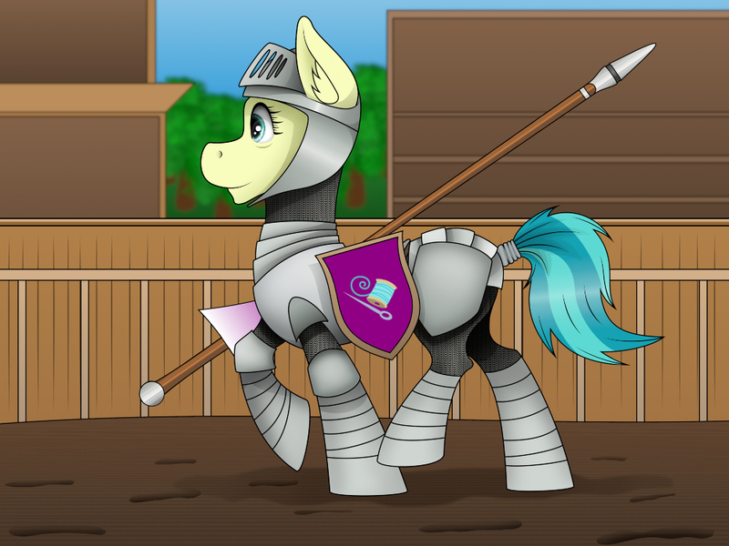 Size: 1000x750 | Tagged: safe, artist:zeronitroman, derpibooru import, auntie lofty, pegasus, pony, arena, armor, commission, female, jousting lance, lance, mare, mud, profile, shield, solo, weapon, ych result