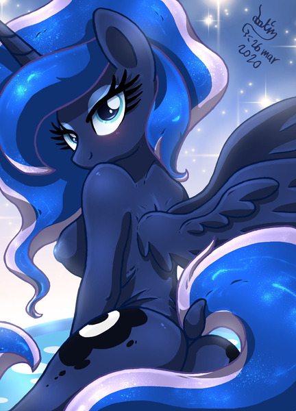 Size: 900x1250 | Tagged: alicorn, anthro, artist:joakaha, ass, blushing, breasts, busty princess luna, butt, complete nudity, derpibooru import, dock, female, lidded eyes, looking at you, looking back, looking back at you, looking over shoulder, moonbutt, nipples, nudity, praise the moon, princess luna, questionable, rear view, sideboob, signature, solo, solo female