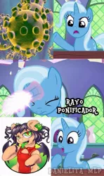 Size: 607x1024 | Tagged: safe, artist:hobbes-maxwell, derpibooru import, trixie, oc, oc:corona chan, ponified, pony, unicorn, all bottled up, coronavirus, covid-19, exploitable meme, horn, magic, meme, spanish, trixie fixing meme, virus