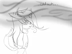 Size: 1280x960 | Tagged: safe, artist:crescentpony, derpibooru import, oc, oc:crescent moon, unofficial characters only, pony, unicorn, bipedal, clothes, female, horn, lineart, mare, monochrome, scarf, solo, speech, talking, unicorn oc