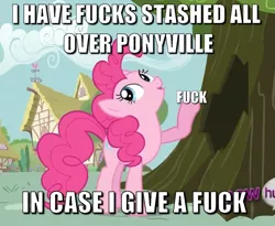 Size: 1099x899 | Tagged: ball emergency, caption, cropped, derpibooru import, edit, edited screencap, image macro, it's about time, look at all the fucks i give, pinkie pie, safe, screencap, solo, text, tree, vulgar