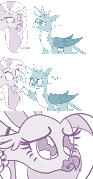 Size: 732x1402 | Tagged: safe, artist:sintakhra, derpibooru import, edit, gallus, silverstream, gryphon, hippogriff, ..., cute, diastreamies, female, gallabetes, gallstream, gallus is not amused, kiss me, male, no, out of context, parody, pure unfiltered evil, reference, sad, shipping, shipping denied, smiling, smirk, straight, text edit, unamused, you monster