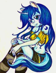 Size: 743x960 | Tagged: safe, artist:spectreflo, derpibooru import, oc, oc:crescent moon, anthro, unicorn, blushing, clothes, ear piercing, fangs, female, horn, piercing, sitting, socks, striped socks, unicorn oc