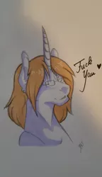 Size: 1144x1984 | Tagged: safe, artist:theblackcatstale, deleted from derpibooru, derpibooru import, oc, oc:ashen snow, unofficial characters only, pony, unicorn, bust, glasses, heart, horn, signature, solo, traditional art, unicorn oc, vulgar