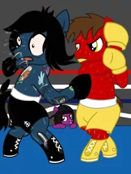 Size: 1200x1600 | Tagged: semi-grimdark, artist:toyminator900, derpibooru import, oc, oc:chip, ponified, ponified:oliver sykes, earth pony, pegasus, pony, undead, zombie, zombie pony, bipedal, blood, boxing, boxing gloves, boxing ring, bring me the horizon, cap, clothes, fangs, glasgow smile, hat, mouthguard, nose piercing, open mouth, partial nudity, pegasus oc, piercing, punch, rainbow blood, shoes, shorts, sports, sweat, tattoo, topless, vic fuentes, wings