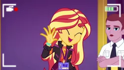 Size: 1920x1080 | Tagged: safe, derpibooru import, screencap, mulberry barricade, sunset shimmer, equestria girls, equestria girls series, how to backstage, spoiler:eqg series (season 2), cute, duo, female, recording, security guard, selfie drone, shimmerbetes, smiling, waving