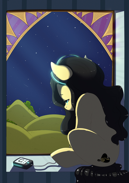 Size: 2480x3508 | Tagged: safe, artist:ottava, derpibooru import, oc, pony, crying, headphones, lonely, music player, night, sad, scenery, solo, stained glass, window