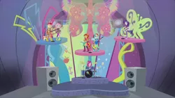 Size: 1920x1080 | Tagged: safe, derpibooru import, screencap, applejack, fluttershy, pinkie pie, rainbow dash, rarity, sunset shimmer, twilight sparkle, equestria girls, rainbow rocks, drums, electric guitar, guitar, keytar, microphone, musical instrument, shine like rainbows, speakers, stage, tambourine, the rainbooms