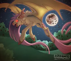 Size: 3500x3000 | Tagged: safe, artist:meadowmood, deleted from derpibooru, derpibooru import, fluttershy, bat pony, apple, apple tree, bat ponified, colored hooves, creepy, flutterbat, food, full moon, glowing eyes, grass, hill, moon, night, race swap, solo, tree, unshorn fetlocks