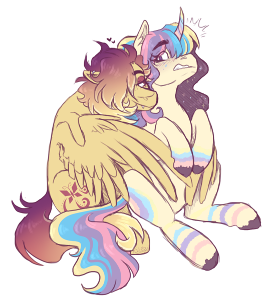 Size: 2000x2200 | Tagged: safe, artist:kikirdcz, derpibooru import, oc, oc:sunrise skies, oc:supernova, unofficial characters only, pegasus, pony, unicorn, female, hug, mare, simple background, transparent background, winghug