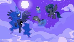 Size: 1024x587 | Tagged: safe, artist:velveagicsentryyt, derpibooru import, princess luna, oc, oc:lunais, oc:midnight moon (velvetsentryyt), oc:moonlight sonata, alicorn, pony, unicorn, baby, baby pony, base used, deviantart watermark, female, magic, mare, moon, night, obtrusive watermark, offspring, parent:king sombra, parent:princess luna, parents:lumbra, watermark