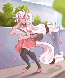 Size: 2480x2974 | Tagged: safe, artist:corelle-vairel, derpibooru import, oc, unofficial characters only, anthro, earth pony, unguligrade anthro, anthro oc, bell, bell collar, bread, cherry blossoms, clothes, collar, commission, eyes closed, female, flower, flower blossom, food, horns, mare, schoolgirl toast, skirt, socks, solo, stockings, thigh highs, toast, zettai ryouiki