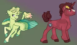 Size: 1024x603 | Tagged: safe, artist:loryska, derpibooru import, oc, oc:bastion breeze, oc:brick hoof, unofficial characters only, pegasus, pony, unicorn, brothers, cloven hooves, colored wings, duo, magical gay spawn, male, multicolored wings, offspring, parent:trenderhoof, parent:zephyr breeze, parents:trenderbreeze, siblings, stallion, wings
