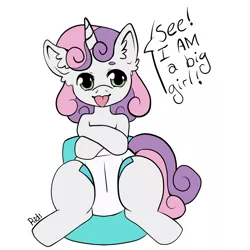 Size: 1100x1100 | Tagged: suggestive, artist:riddlr, derpibooru import, sweetie belle, pony, unicorn, crossed arms, diaper, diaper fetish, fetish, potty, simple background, solo, tongue out, training potty