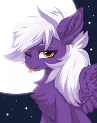 Size: 4000x5092 | Tagged: safe, artist:up1ter, derpibooru import, oc, oc:nighty cloud, unofficial characters only, pegasus, pony, :p, cheek fluff, chest fluff, cute, ear fluff, female, fluffy, looking at you, moon, night, one eye closed, solo, spread wings, stars, style emulation, tongue out, wings, wink