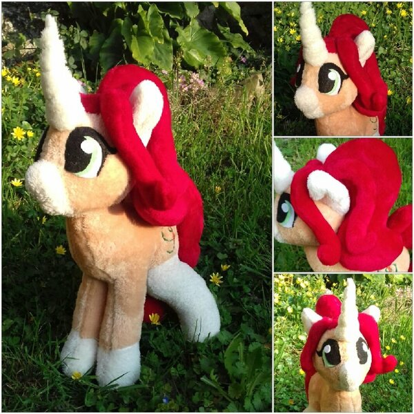 Size: 852x852 | Tagged: safe, artist:noxi1_48, derpibooru import, oc, oc:treble pen, pony, unicorn, happy, horn, plushie, red mane, unicorn oc