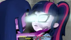 Size: 4096x2304 | Tagged: safe, artist:aryatheeditor, derpibooru import, sci-twi, twilight sparkle, comic:loyalty, equestria girls, 3d, amulet, bowtie, daily life, glasses, glow, glowing eyes, hypnosis, hypnotized, jewelry, midnight sparkle, powerful sparkle, sleepy, source filmmaker, subtitles