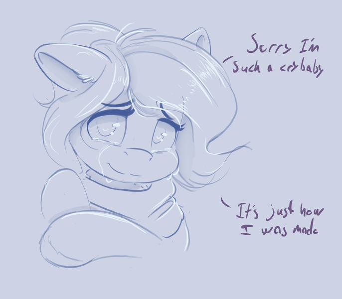 Size: 3146x2750 | Tagged: safe, artist:ardail, derpibooru import, oc, oc:mocha latte, pony, anxious, clothes, crying, dialogue, female, image, jpeg, looking at you, mare, ponytail, sad smile, scarf, sketch, smiling, weak smile