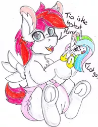 Size: 1082x1397 | Tagged: safe, artist:cuddlelamb, derpibooru import, princess celestia, oc, oc:cuddlelamb, alicorn, pegasus, pony, baby, baby pony, blushing, chest fluff, colt, cute, diaper, duo, ear fluff, female, foal, frog (hoof), holding a pony, male, micro, open mouth, simple background, sitting, speech bubble, traditional art, underhoof, white background, younger