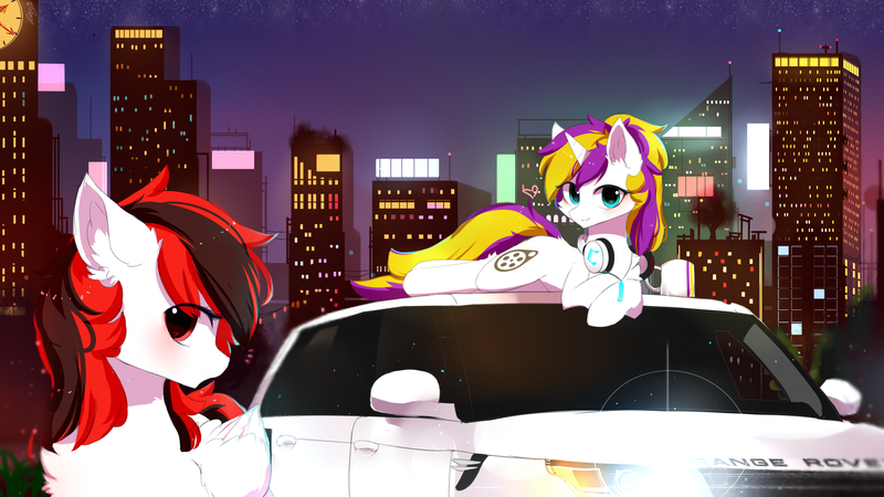 Size: 3840x2160 | Tagged: safe, artist:heddopen, derpibooru import, oc, oc:gliterry, oc:sprinkles, unofficial characters only, pegasus, pony, unicorn, background pony, building, car, chest fluff, city, ear fluff, female, headphones, jewelry, looking at you, necklace, night, range rover