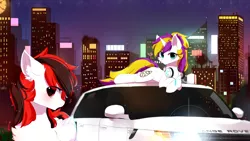 Size: 3840x2160 | Tagged: safe, artist:heddopen, derpibooru import, oc, oc:gliterry, oc:sprinkles, unofficial characters only, pegasus, pony, unicorn, background pony, building, car, chest fluff, city, ear fluff, female, headphones, jewelry, looking at you, necklace, night, range rover