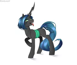 Size: 1536x1296 | Tagged: safe, artist:kirasunnight, derpibooru import, queen chrysalis, changeling, alternate design, alternate hairstyle, braid, female, looking at you, open mouth, redesign, short hair, simple background, slit pupils, solo, tongue out, white background