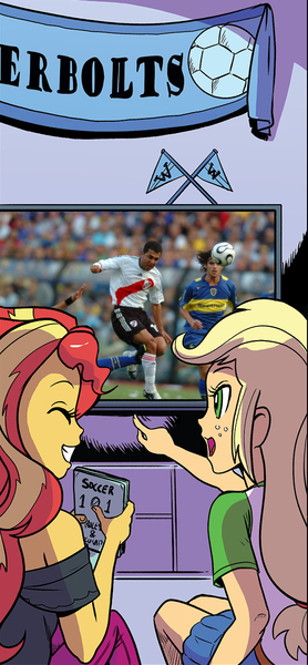 Size: 575x1241 | Tagged: safe, artist:pencils, derpibooru import, edit, idw, applejack, sunset shimmer, human, equestria girls, spoiler:comic, spoiler:comicequestriagirlsmarchradness, argentina, boca juniors, cropped, irl, irl human, photo, river plate, television