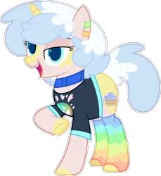 Size: 2728x2976 | Tagged: safe, artist:bee, artist:rerorir, derpibooru import, oc, oc:lunar breeze, unofficial characters only, pony, unicorn, base used, clothes, collar, commission, ear piercing, earring, female, jewelry, mare, markings, open mouth, piercing, rainbow socks, raised hoof, shirt, socks, solo, striped socks, t-shirt