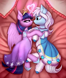 Size: 2556x3000 | Tagged: safe, artist:pony-way, derpibooru import, twilight sparkle, twilight sparkle (alicorn), oc, oc:crystal tundra, alicorn, pony, unicorn, adorasexy, bed, big crown thingy, canon x oc, clothes, collar, commission, crossdressing, crown, crytwi, cute, diadem, dress, ear piercing, earring, element of magic, female, fluffy, heart, hoof hold, hoof shoes, horn, horn ring, jewelry, looking at each other, magic, male, piercing, regalia, ring, sexy, shoes, snuggling, socks, starry dress, tiara