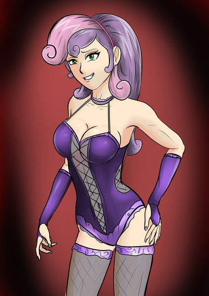 Size: 4961x7016 | Tagged: suggestive, artist:symptom99, derpibooru import, sweetie belle, human, equestria girls, belly button, breasts, busty sweetie belle, cleavage, clothes, corset, evening gloves, female, fingerless elbow gloves, fingerless gloves, fishnets, gloves, humanized, jewelry, long gloves, midriff, necklace, older, older sweetie belle, solo, solo female