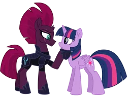 Size: 12560x9574 | Tagged: safe, alternate version, artist:ejlightning007arts, derpibooru import, edit, tempest shadow, twilight sparkle, twilight sparkle (alicorn), alicorn, pony, unicorn, my little pony: the movie, armor, broken horn, eye scar, female, hoof on chin, horn, lesbian, scar, shipping, simple background, smiling, tempestlight, transparent background, vector