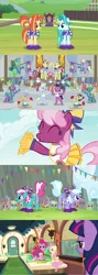 Size: 1920x5400 | Tagged: safe, derpibooru import, screencap, alpha beta, brolly, cheerilee, cloud kicker, compass star, desert wind, dizzy twister, dusty swift, fast break, fat stacks, fiery fricket, final countdown, flam, flim, flowerescent, fluttershy, frying pan (character), high roller, horseshoe comet, lighthoof, lightning riff, lilac sky, linky, merry may, orange swirl, pinkie pie, polo play, rosy pearl, sassaflash, saturn (character), shimmy shake, shoeshine, silver waves, spring melody, spring step, sprinkle medley, sprout greenhoof, sunlight spring, sunshower raindrops, sweet buzz, twilight sparkle, twilight sparkle (alicorn), whitewash, wintergreen, yona, alicorn, earth pony, pegasus, pony, unicorn, yak, 2 4 6 greaaat, friendship university, rainbow falls, the cart before the ponies, background pony, buckball field, cheerileeder, cheerleader, cheerleader outfit, clothes, female, flim flam brothers, friendship express, las pegasus resident, male, mare, rainbow falls (location), school of friendship, skirt, stallion