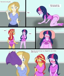 Size: 4500x5347 | Tagged: suggestive, artist:diaperednight, derpibooru import, sci-twi, sunset shimmer, twilight sparkle, oc, oc:mellow sky, comic:midnight's pet, equestria girls, abdl, all fours, baby clothes, blushing, booties, breasts, clothes, comic, crawling, cyoa, dialogue, diaper, diaper change, diaper fetish, dress, female, fetish, giggling, mittens, skirt, skirt lift, spanking, story in the source