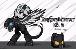 Size: 1024x666 | Tagged: safe, artist:adagiostring, derpibooru import, oc, pegasus, pony, fallout equestria, armor, enclave armor, helmet, pegasus oc, pipbuck, rearing, reference sheet, text, wings