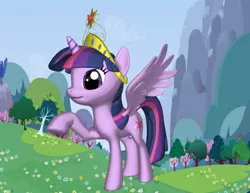 Size: 640x493 | Tagged: safe, artist:prismicdiamondart, derpibooru import, twilight sparkle, twilight sparkle (alicorn), alicorn, pony, pony creator, 3d, big crown thingy, element of magic, female, jewelry, mare, ponylumen, raised hoof, regalia, solo, tree