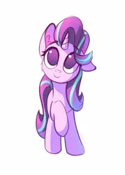 Size: 1000x1400 | Tagged: safe, artist:lollipony, derpibooru import, starlight glimmer, pony, unicorn, cheek fluff, cute, ear fluff, female, front view, glimmerbetes, looking up, mare, no pupils, raised hoof, simple background, smiling, solo, wavy mane, white background