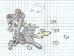 Size: 2745x2100 | Tagged: safe, artist:mlplayer dudez, derpibooru import, derpy hooves, pegasus, pony, box, cel shading, cheek fluff, chest fluff, clothes, colored, ear fluff, envelope, fluffy, flying, graph paper, hat, letter, mail, mailbag, mailmare, mouth hold, package, shading, solo, traditional art, uniform