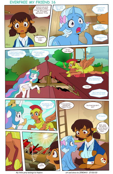 Size: 5484x8437 | Tagged: safe, artist:jeremy3, derpibooru import, princess celestia, trixie, oc, oc:miss becky, alicorn, earth pony, pegasus, pony, unicorn, comic:everfree, comic:everfree my friend, cast, comic, crying, guard, royal guard, school, sling, teary eyes