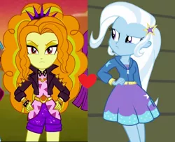 Size: 1278x1040 | Tagged: safe, derpibooru import, edit, edited screencap, screencap, adagio dazzle, trixie, equestria girls, equestria girls series, rainbow rocks, sunset's backstage pass!, spoiler:eqg series (season 2), bracelet, clothes, female, heart, jacket, jewelry, leather jacket, lesbian, shipping, shipping domino, shorts, spiked headband, spiked wristband, triagio, wristband