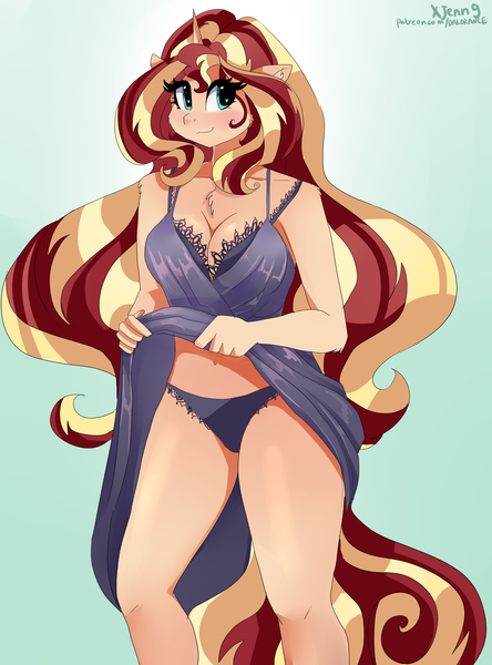 Size: 2958x4000 | Tagged: suggestive, artist:xjenn9, derpibooru import, sunset shimmer, anthro, unicorn, belly button, blushing, breasts, busty sunset shimmer, cleavage, clothes, cute, dress, dress lift, female, frilly underwear, heart eyes, panties, solo, solo female, thighs, underwear, wingding eyes