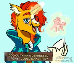 Size: 640x548 | Tagged: safe, derpibooru import, sunburst, pony, unicorn, cloak, clothes, depressed, dialogue, glasses, glowing horn, horn, levitation, magic, male, meme, ponified meme, raised hoof, solo, stallion, telekinesis, toy, unshorn fetlocks