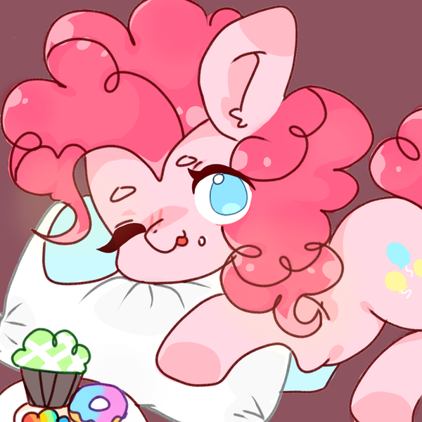Size: 650x650 | Tagged: safe, artist:door_doorchild, derpibooru import, pinkie pie, earth pony, pony, :p, blushing, cupcake, cute, diapinkes, donut, ear fluff, female, food, looking at you, mare, no pupils, one eye closed, pillow, prone, simple background, solo, tongue out, wink