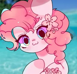 Size: 650x625 | Tagged: safe, artist:door_doorchild, derpibooru import, pinkie pie, earth pony, pony, :3, blurred background, bust, cute, diapinkes, eye clipping through hair, female, flower, flower in hair, looking at you, mare, ocean, solo