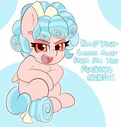 Size: 2680x2802 | Tagged: safe, artist:pegamutt, derpibooru import, cozy glow, pegasus, pony, abstract background, angry, cozybetes, cross-popping veins, cute, female, filly, freckles, open mouth, solo, speech, talking, talking to viewer, text, vulgar