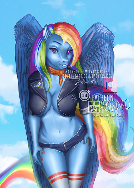 Size: 641x900 | Tagged: absolute cleavage, anthro, artist:ladykraken, breasts, busty rainbow dash, cleavage, clothes, daisy dukes, derpibooru import, female, jacket, rainbow dash, shorts, solo, solo female, suggestive