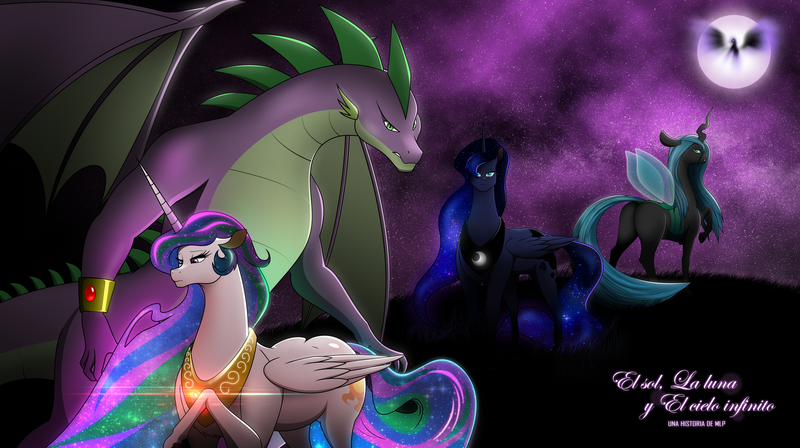 Size: 5000x2800 | Tagged: safe, artist:evoheaven, derpibooru import, nightmare moon, princess celestia, princess luna, queen chrysalis, spike, alicorn, changeling, dragon, pony, fanfic, absurd resolution, ass, bugbutt, butt, fanfic art, female, glow, glowing mane, hair, jewelry, male, moon, multicolored mane, night, sexy, shipping, spikelestia, straight, stupid sexy celestia, sunbutt, the ass was fat, wallpaper