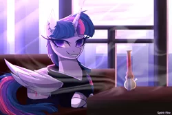 Size: 2400x1600 | Tagged: safe, artist:spirit-fire360, derpibooru import, twilight sparkle, twilight sparkle (alicorn), alicorn, pony, bong, clothes, ear piercing, female, grin, high, highlight sparkle, lighter, mare, piercing, redraw, smiling, smoking, solo, stoned, stoner twilight