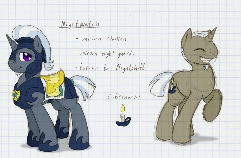 Size: 1280x836 | Tagged: safe, artist:ravenpuff, deleted from derpibooru, derpibooru import, oc, oc:nightwatch, unofficial characters only, pony, unicorn, armor, beard, dyed coat, eyes closed, facial hair, graph paper, helmet, hoof shoes, horn, male, night guard, raised hoof, reference sheet, smiling, stallion, text, traditional art, unicorn oc