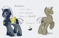 Size: 1280x836 | Tagged: safe, artist:ravenpuff, deleted from derpibooru, derpibooru import, oc, oc:nightwatch, unofficial characters only, pony, unicorn, armor, beard, dyed coat, eyes closed, facial hair, graph paper, helmet, hoof shoes, horn, male, night guard, raised hoof, reference sheet, smiling, stallion, text, traditional art, unicorn oc