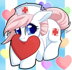 Size: 2263x2210 | Tagged: safe, artist:gleamydreams, derpibooru import, nurse redheart, earth pony, pony, blue eyes, cute, female, hat, heart, heartabetes, looking at you, mare, nurse, smiling, smiling at you, solo
